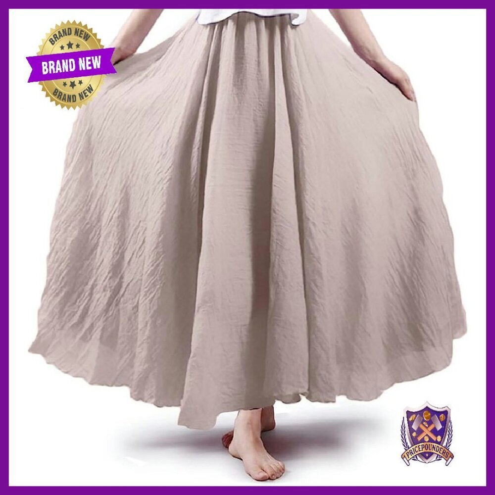Cotton Linen Maxi Skirt Elastic Waist A-Line Boho Dress